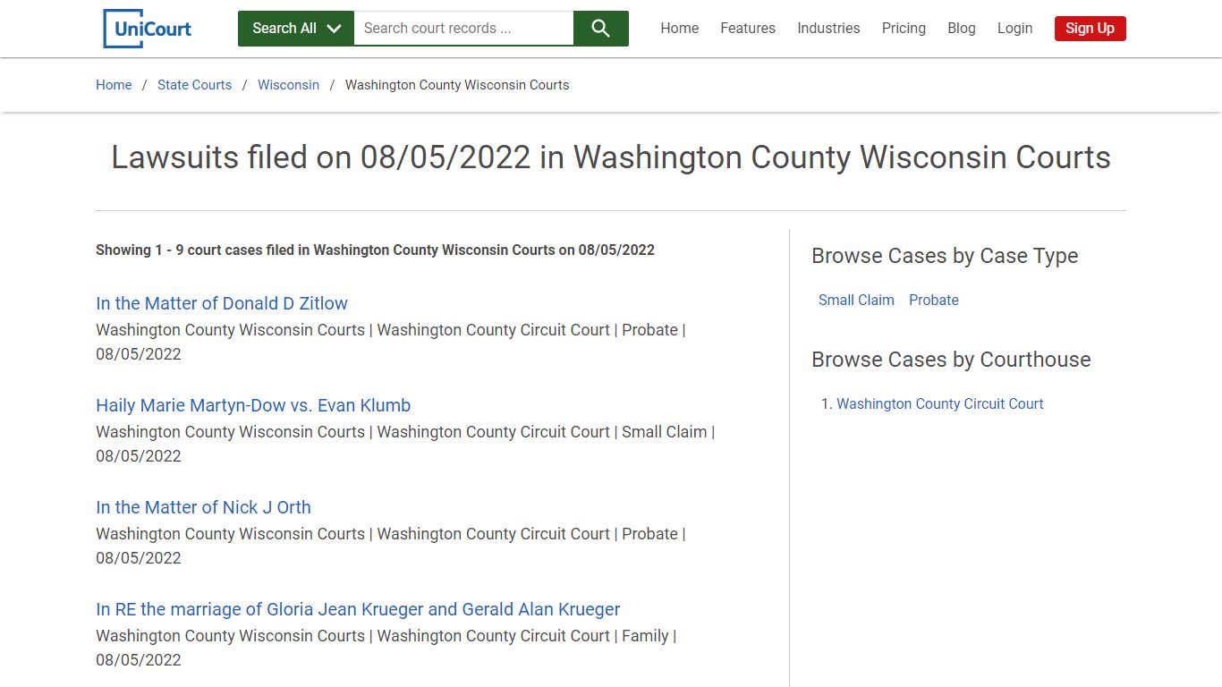 Lawsuits filed on 08/05/2022 in Washington County Wisconsin Courts